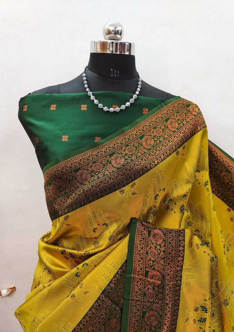 Yellow And Green Woven Silk Sarees - Indya