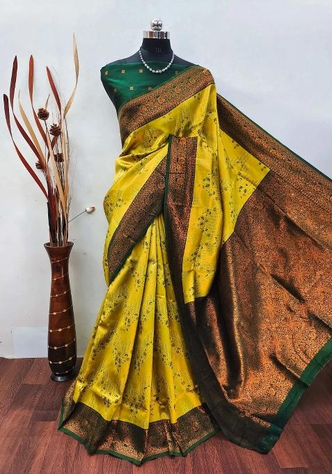 Yellow And Green Woven Silk Sarees