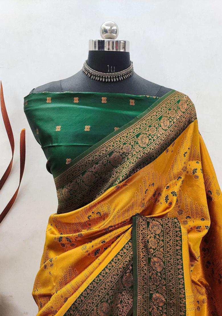 Yellow And Green Woven Silk Sarees - Indya