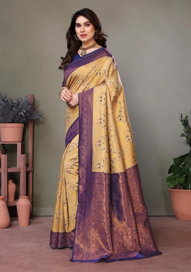 Cream And Dark Blue Woven Silk Sarees - Indya