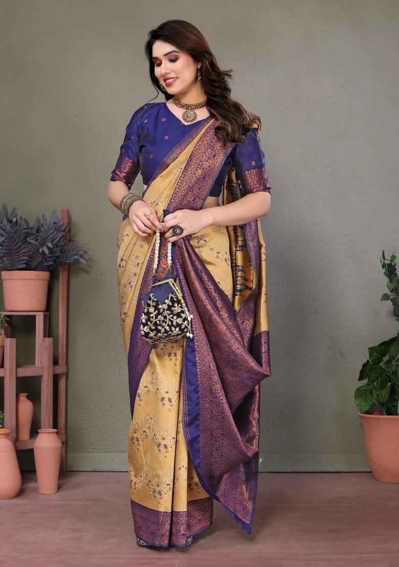 Cream And Dark Blue Woven Silk Sarees - Indya