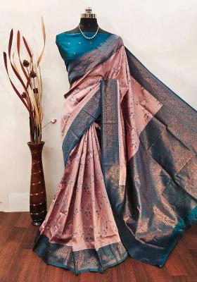 Pink And Dark Blue Woven Silk Sarees