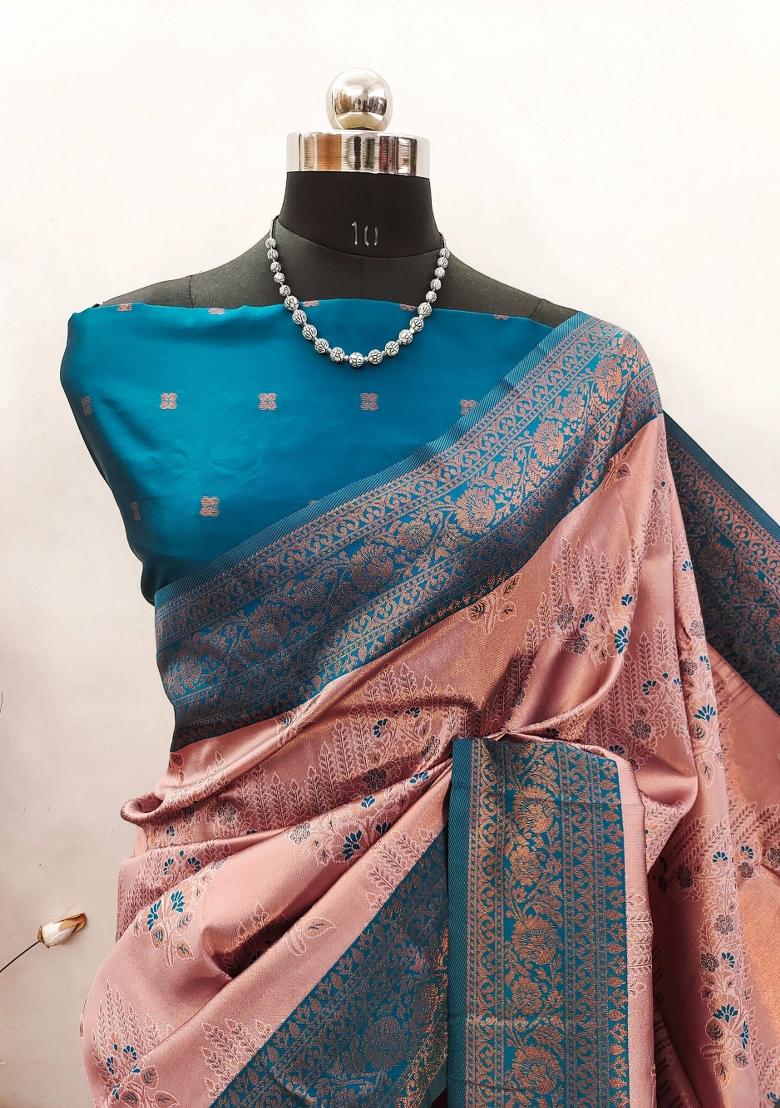 Pink And Dark Blue Woven Silk Sarees - Indya