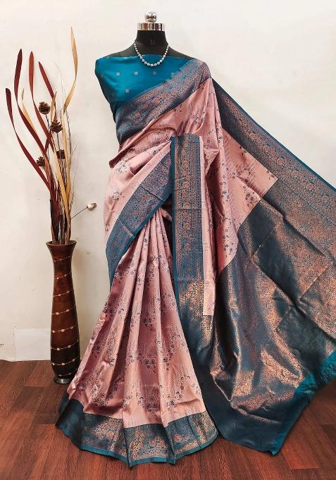 Pink And Dark Blue Woven Silk Sarees