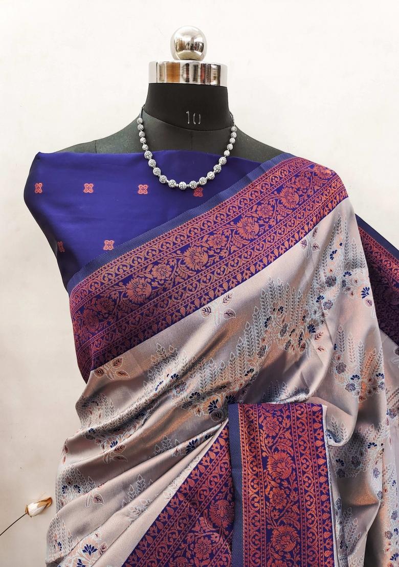 Grey And Dark Blue Woven Silk Sarees - Indya