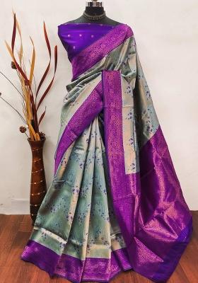 Purple And Grey Woven Silk Sarees