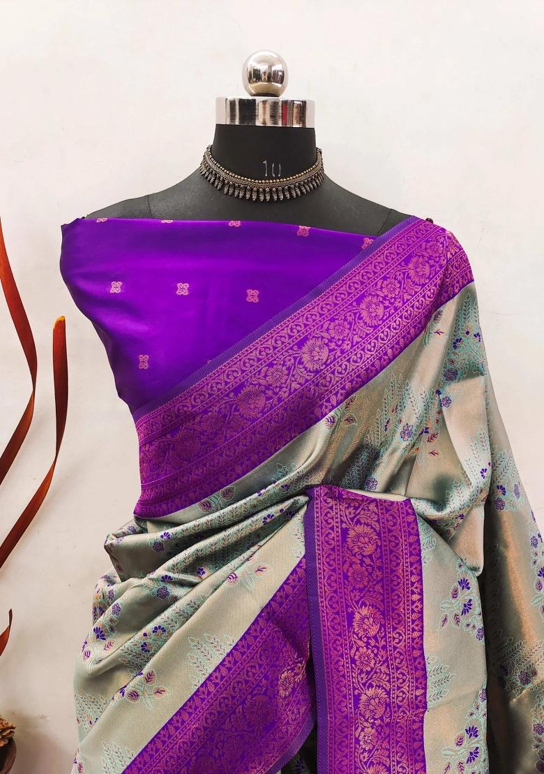 Purple And Grey Woven Silk Sarees - Indya