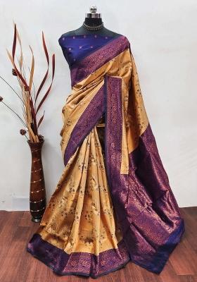 Cream And Dark Blue Woven Silk Sarees