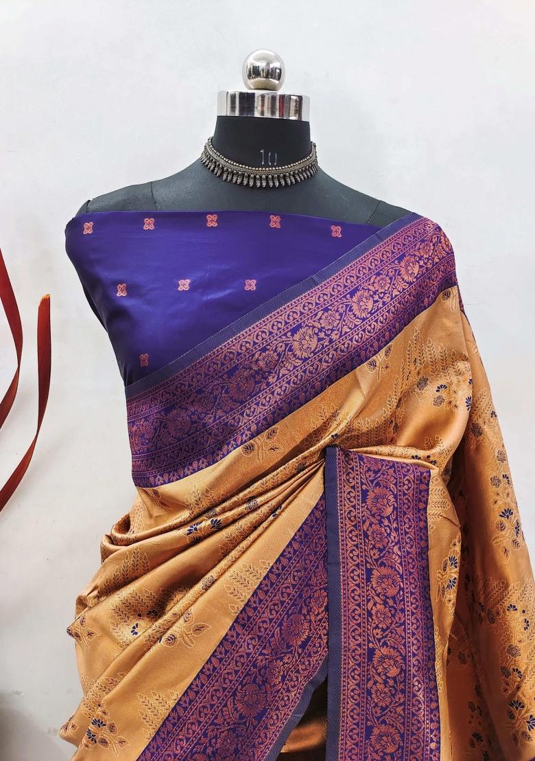 Cream And Dark Blue Woven Silk Sarees - Indya