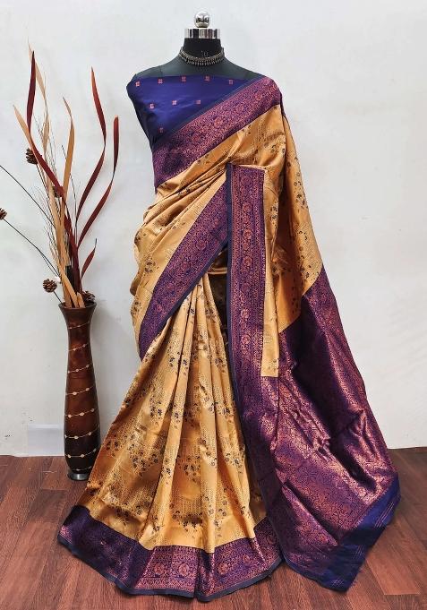 Cream And Dark Blue Woven Silk Sarees