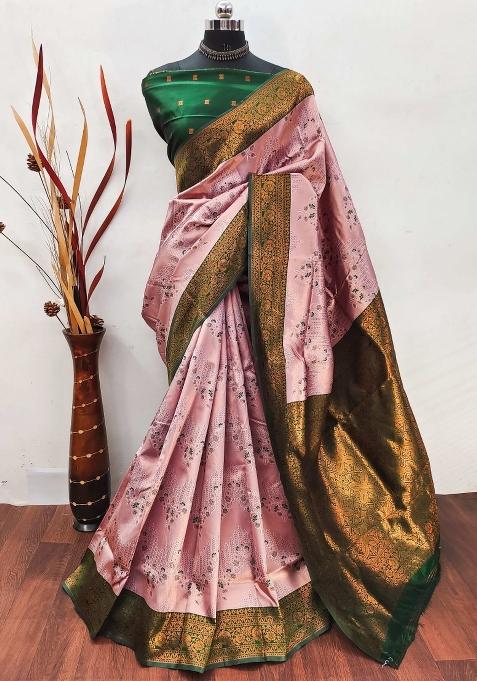 Pink And Green Woven Silk Sarees