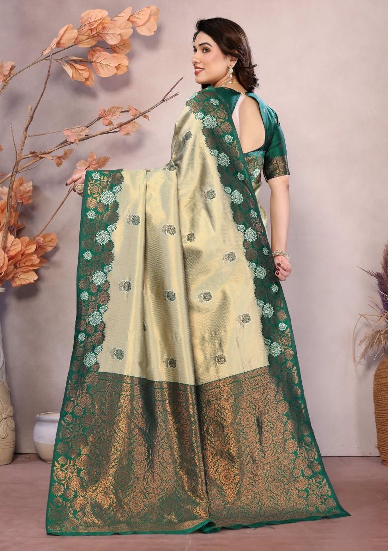 Light Green Woven Silk Sarees - Indya
