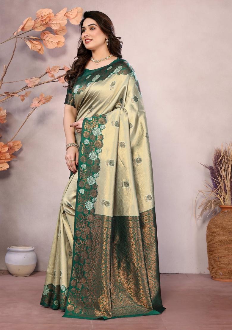 Light Green Woven Silk Sarees - Indya
