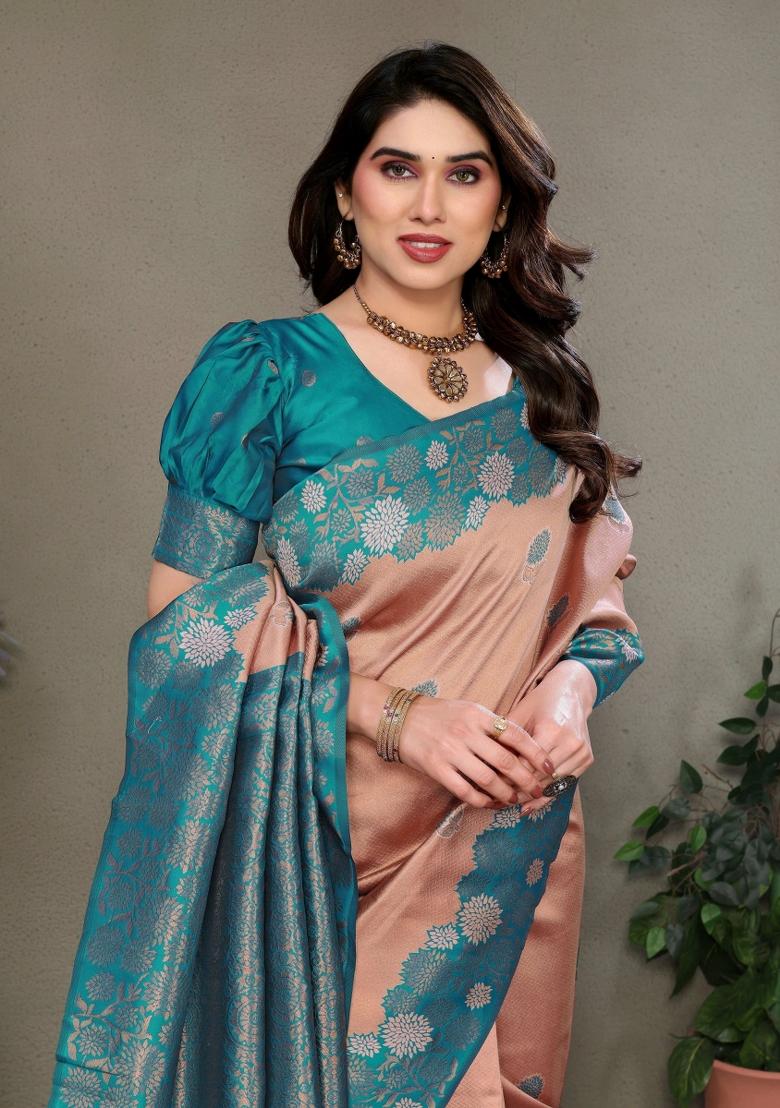 Pink And Light Green Woven Silk Sarees - Indya