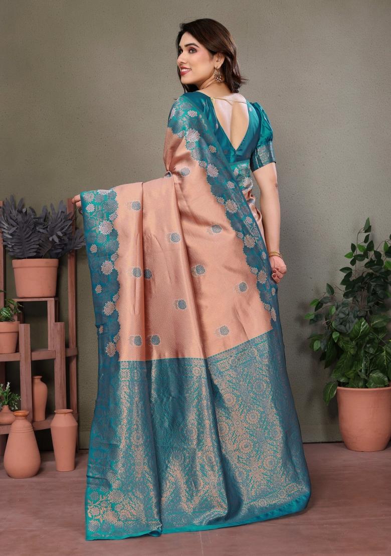 Pink And Light Green Woven Silk Sarees - Indya