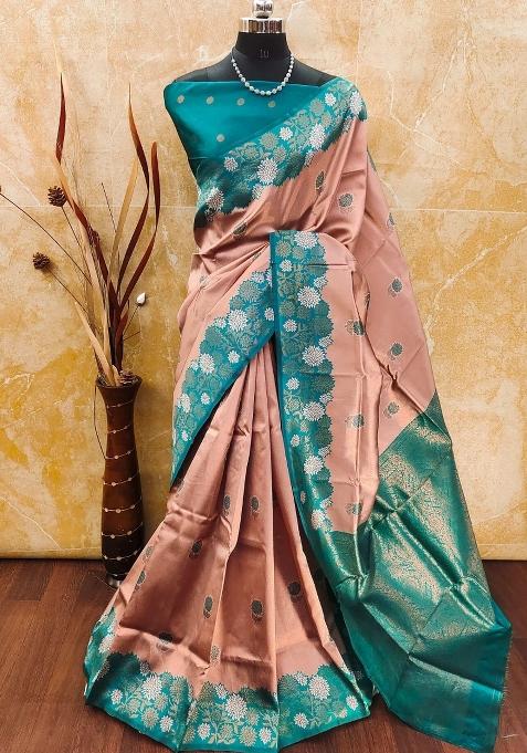 Pink And Light Blue Woven Silk Sarees