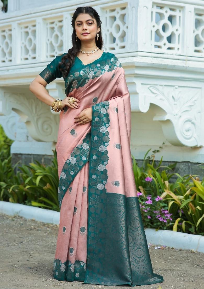 Pink And Light Green Woven Silk Sarees - Indya