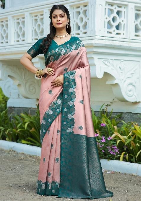 Pink And Light Green Woven Silk Sarees