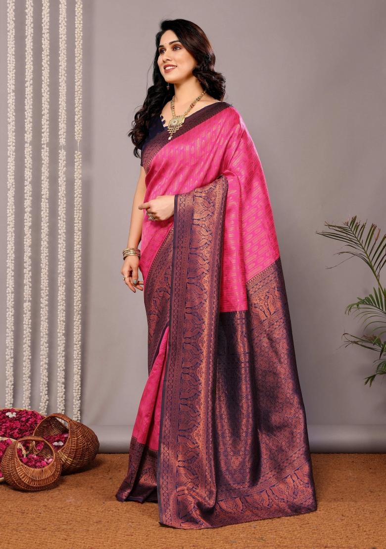 Pink And Dark Blue Woven Silk Sarees - Indya
