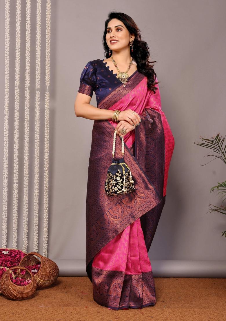 Pink And Dark Blue Woven Silk Sarees - Indya