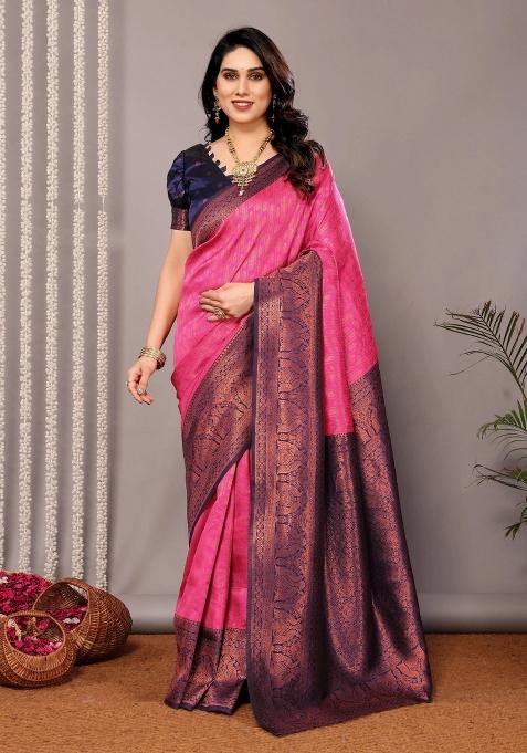 Pink And Dark Blue Woven Silk Sarees