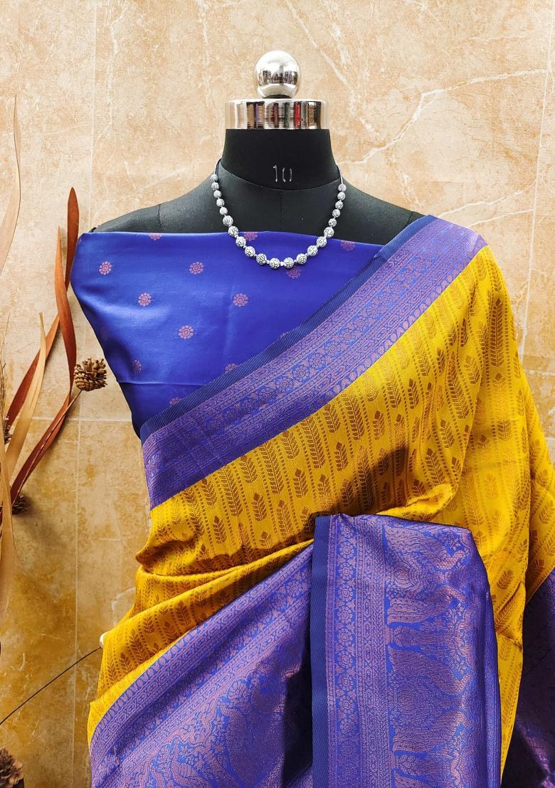 Yellow And Blue Woven Silk Sarees - Indya