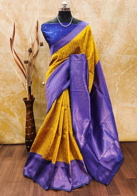 Yellow And Blue Woven Silk Sarees