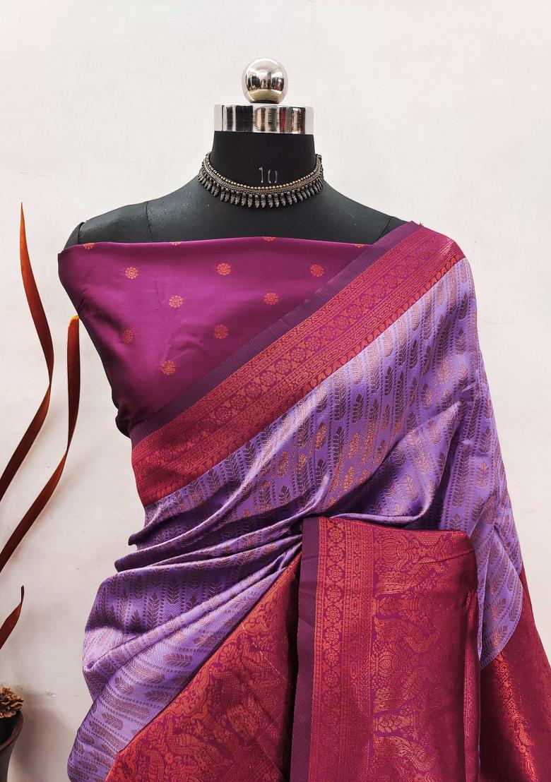 Pink And Blue Woven Silk Sarees - Indya