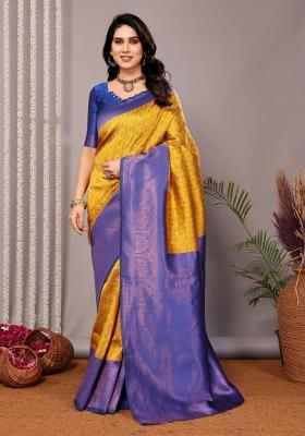 Yellow And Light Blue Woven Silk Sarees