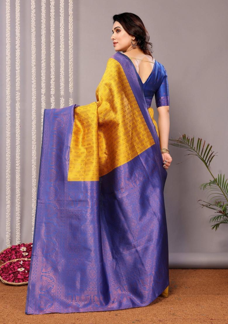 Yellow And Light Blue Woven Silk Sarees - Indya