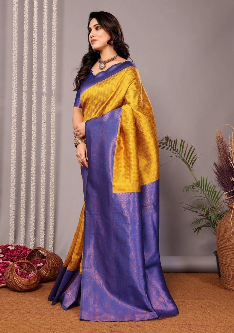 Yellow And Light Blue Woven Silk Sarees - Indya