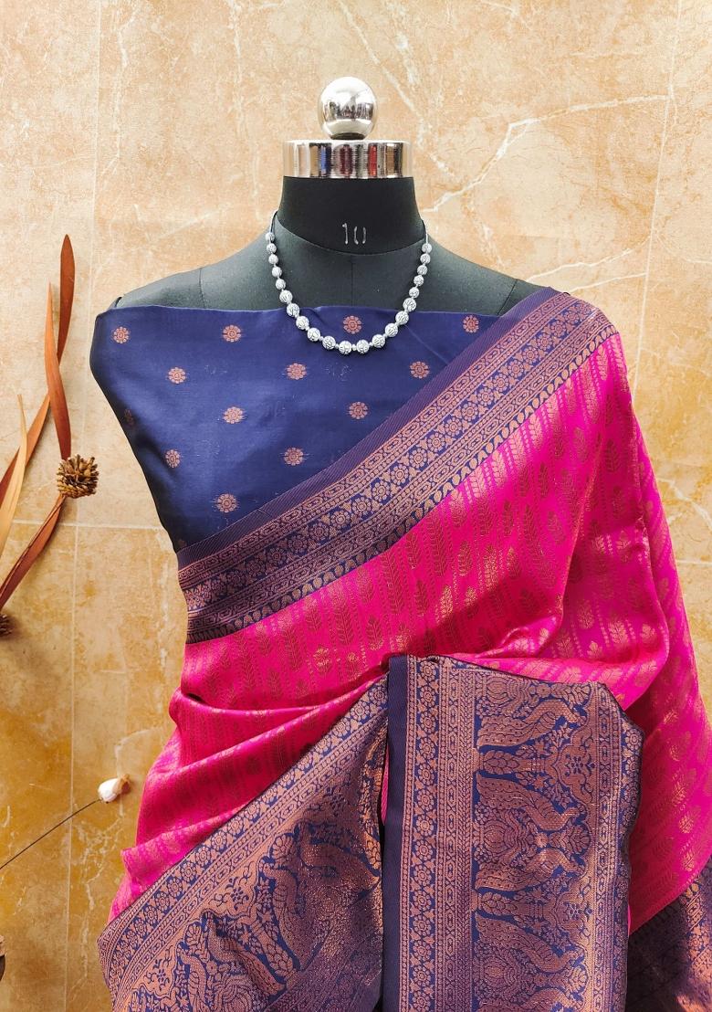 Pink And Blue Woven Silk Sarees - Indya