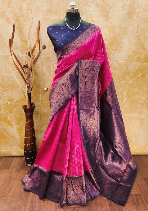 Pink And Blue Woven Silk Sarees