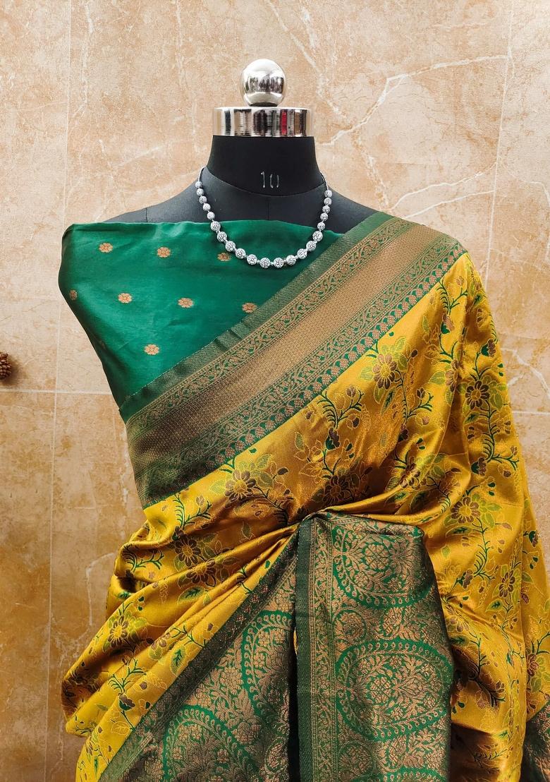 Yellow And Green Woven Silk Sarees - Indya