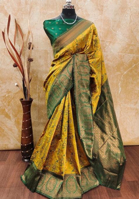 Yellow And Green Woven Silk Sarees