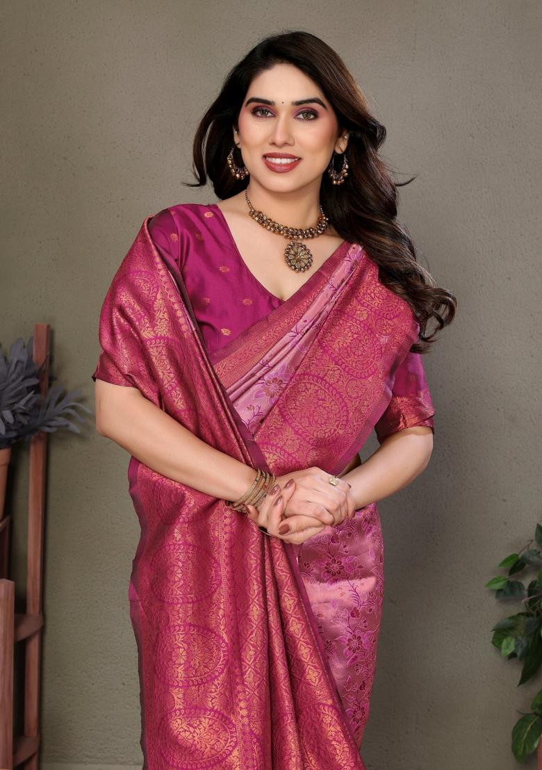 Pink And Purple Woven Silk Sarees - Indya