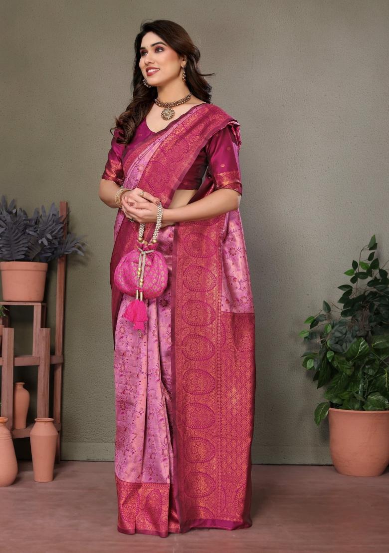 Pink And Purple Woven Silk Sarees - Indya