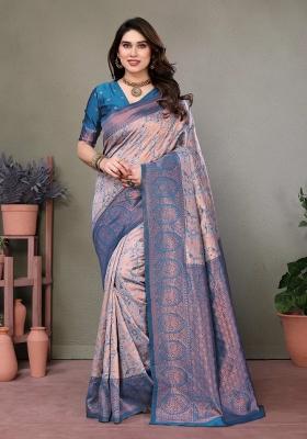 Pink And Light Blue Woven Silk Sarees