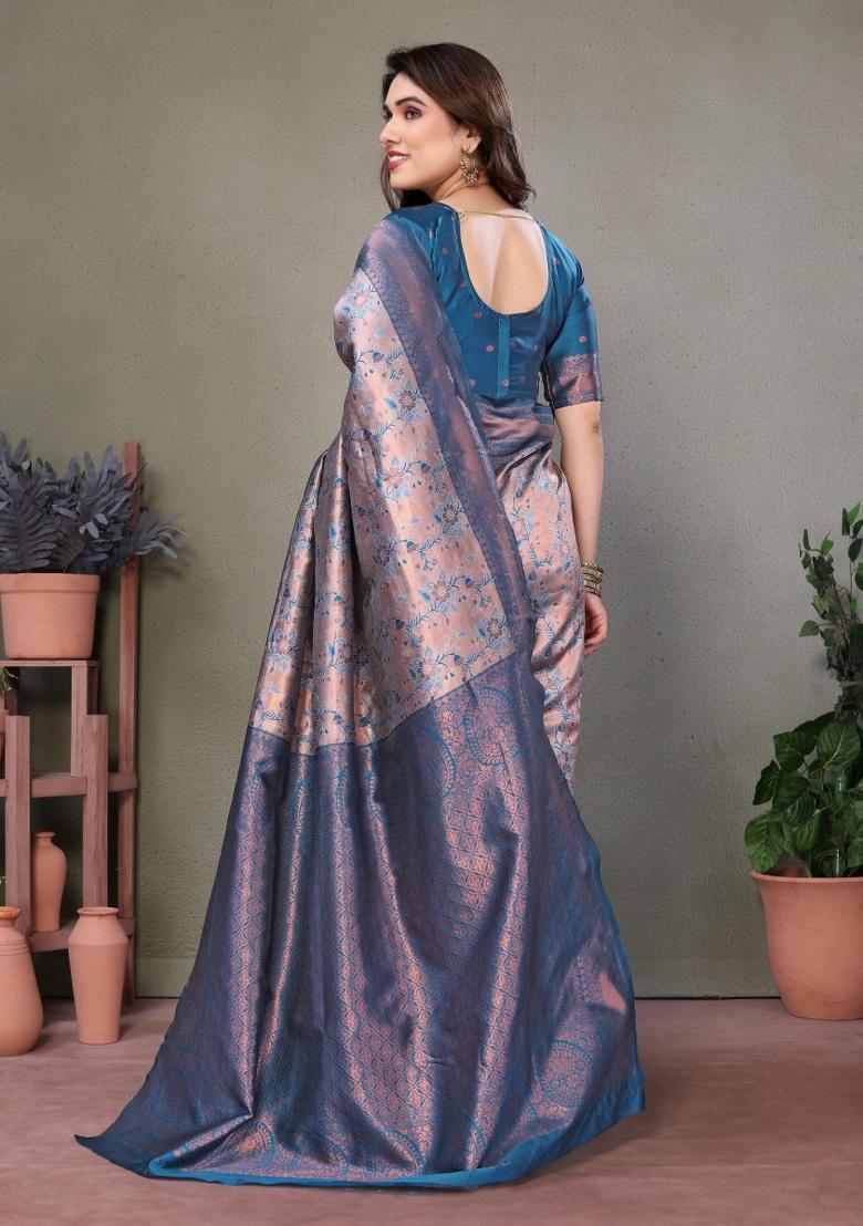 Pink And Light Blue Woven Silk Sarees - Indya