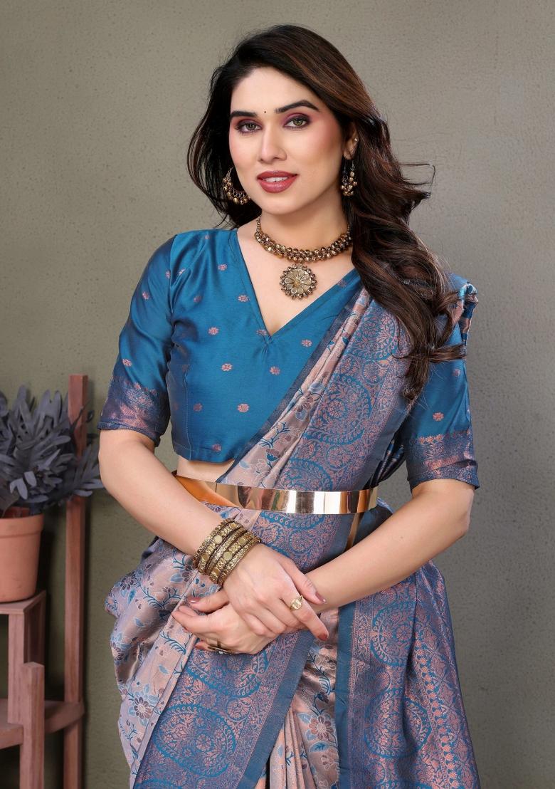 Pink And Light Blue Woven Silk Sarees - Indya