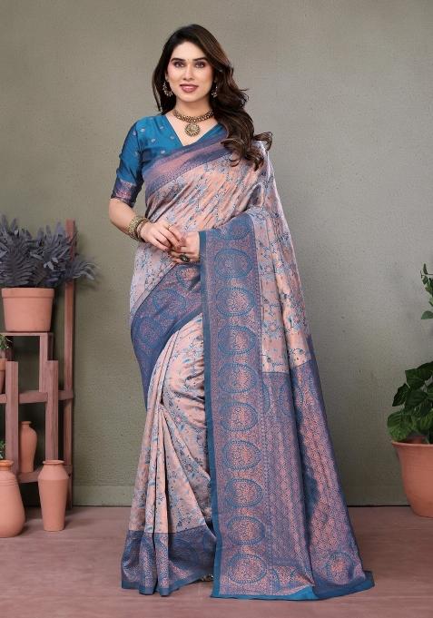 Pink And Light Blue Woven Silk Sarees