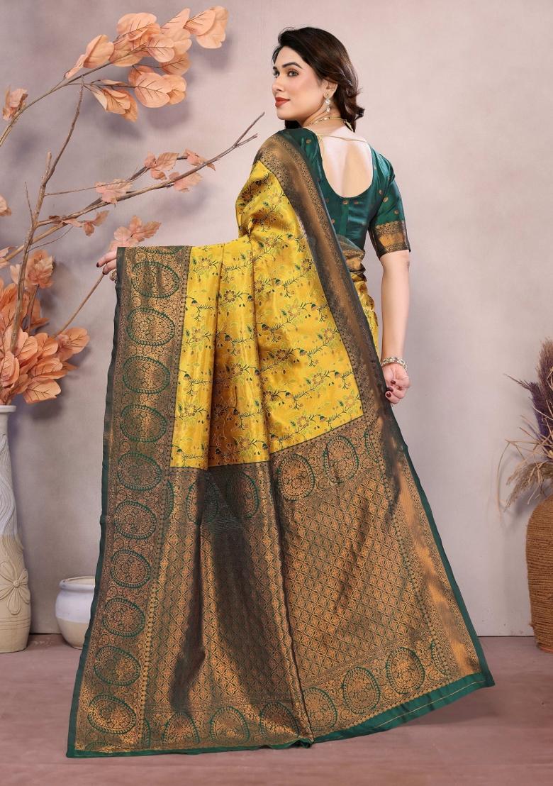 Yellow And Green Woven Silk Sarees - Indya