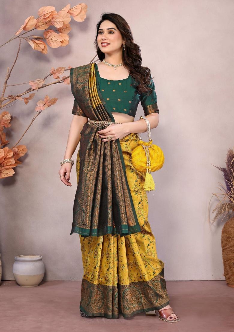 Yellow And Green Woven Silk Sarees - Indya