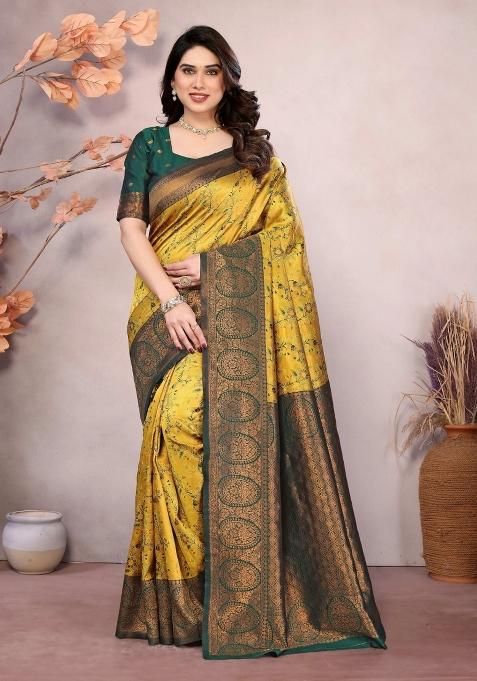Yellow And Green Woven Silk Sarees