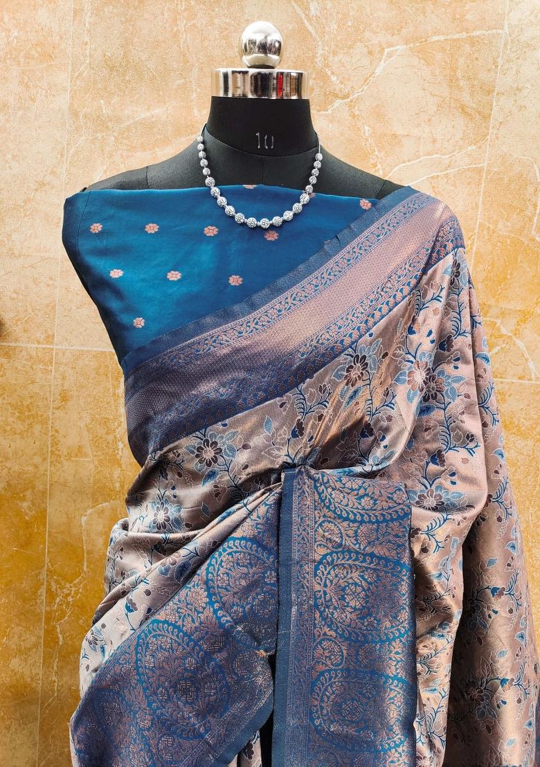 Pink And Light Blue Woven Silk Sarees - Indya
