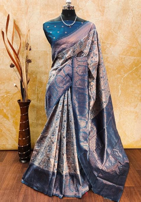 Pink And Light Blue Woven Silk Sarees