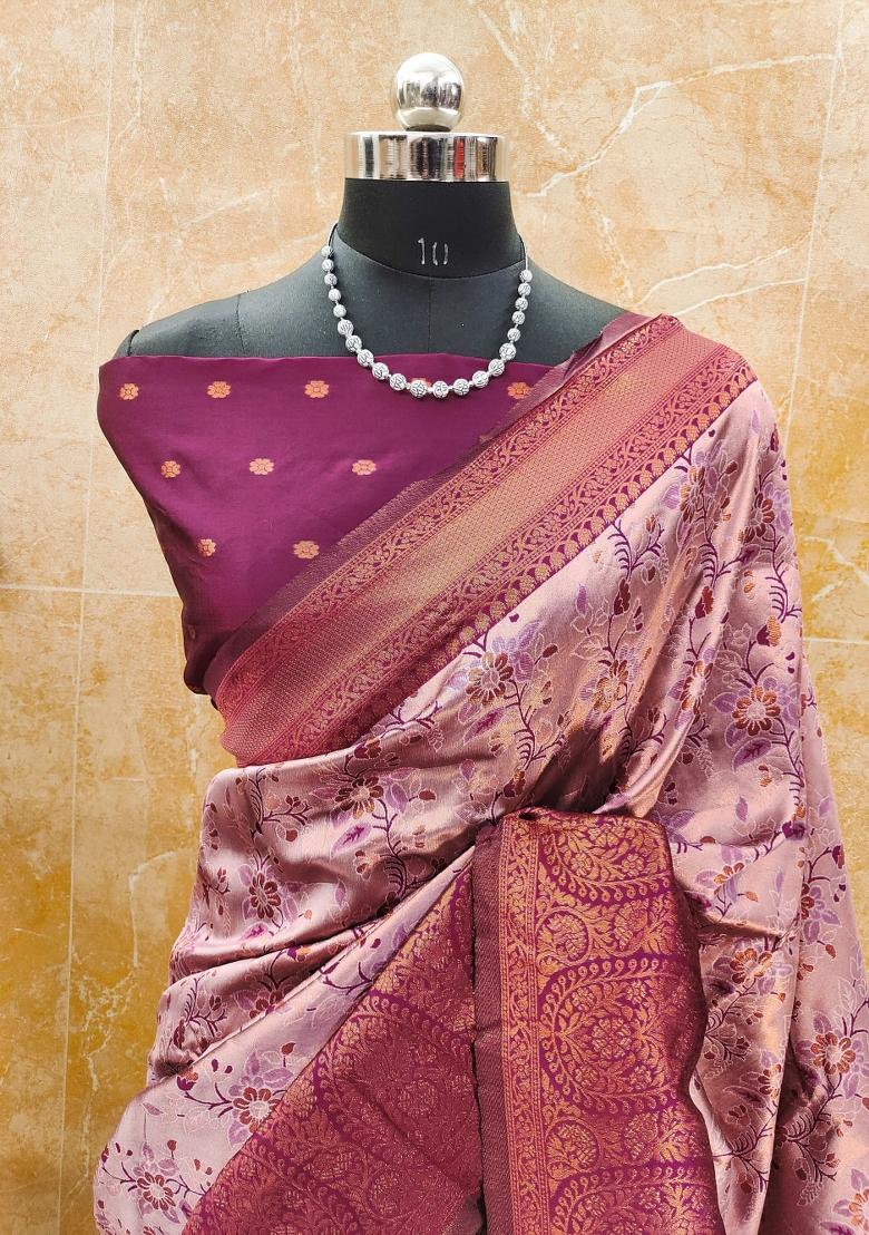 Pink Woven Silk Sarees - Indya