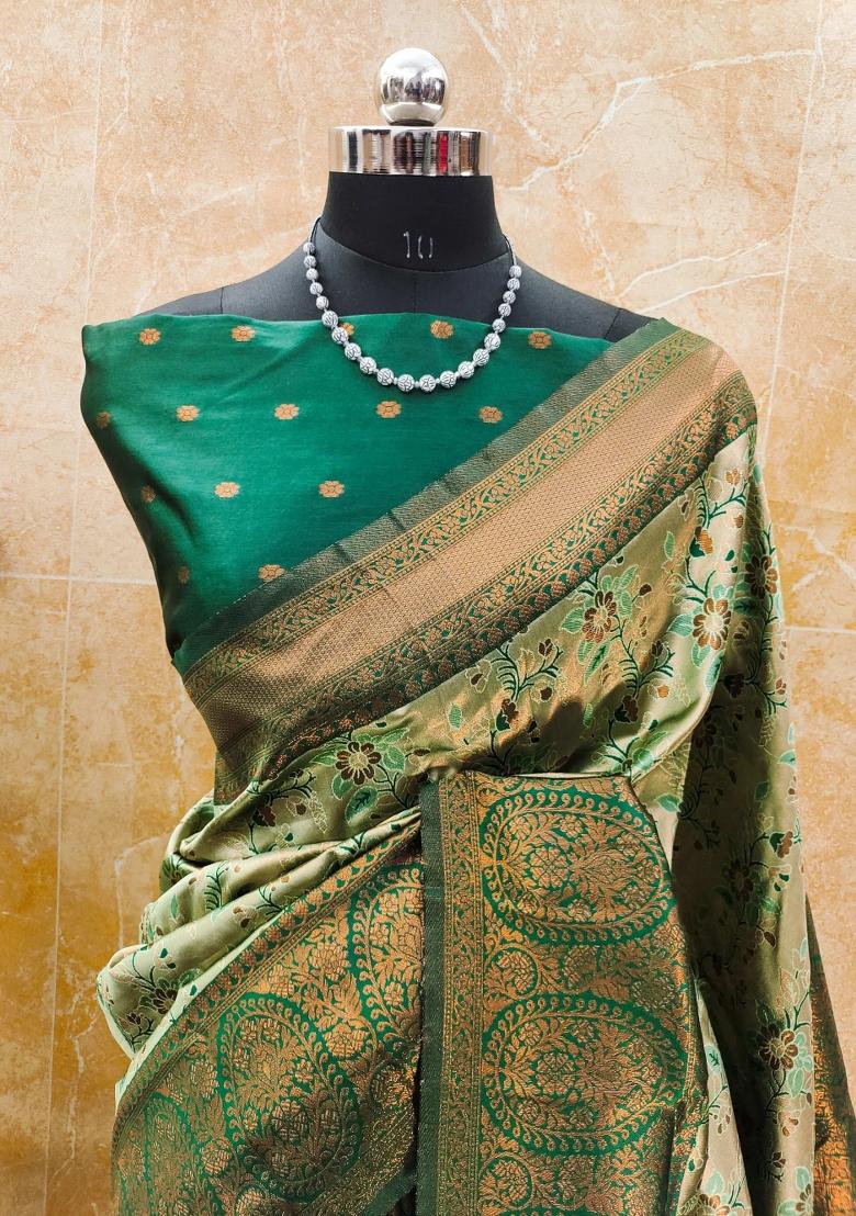 Light Green And Green Woven Silk Sarees - Indya