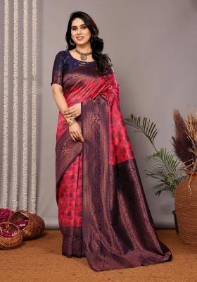 Pink And Dark Blue Woven Silk Sarees