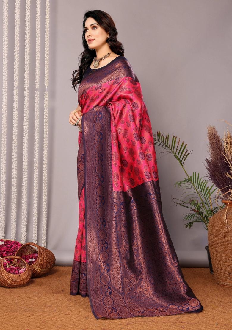 Pink And Dark Blue Woven Silk Sarees - Indya